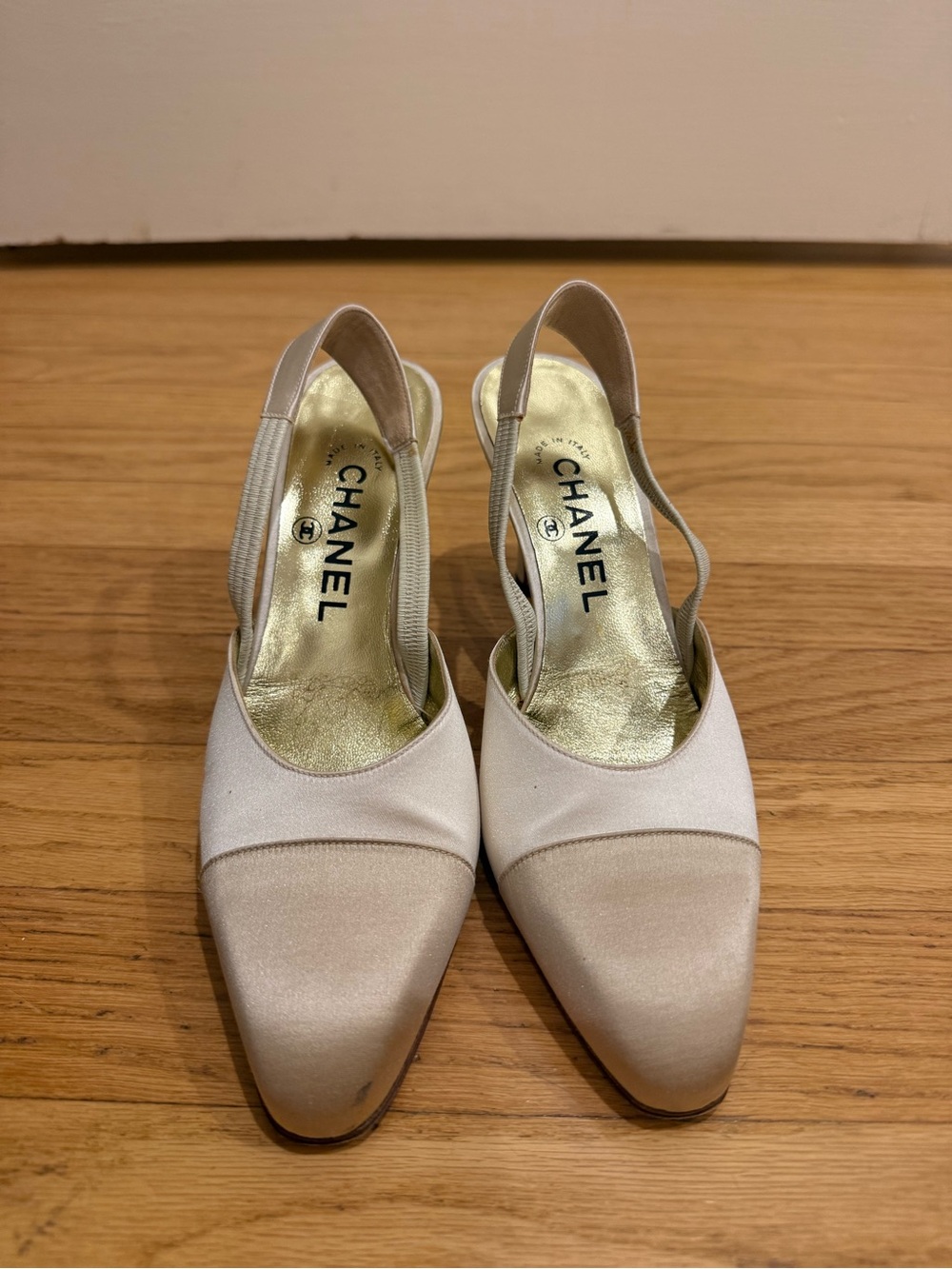 CHANEL Ivory Satin Slingback Pumps with Gold Insole